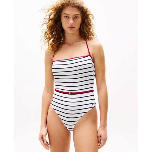 Tommy Hilfiger | NWT The Sofia Capsule Bandeau Belted Swimsuit Navy White Stripe - Picture 1 of 15
